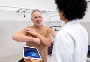 man with a shoulder injury talking to a shoulder surgeon